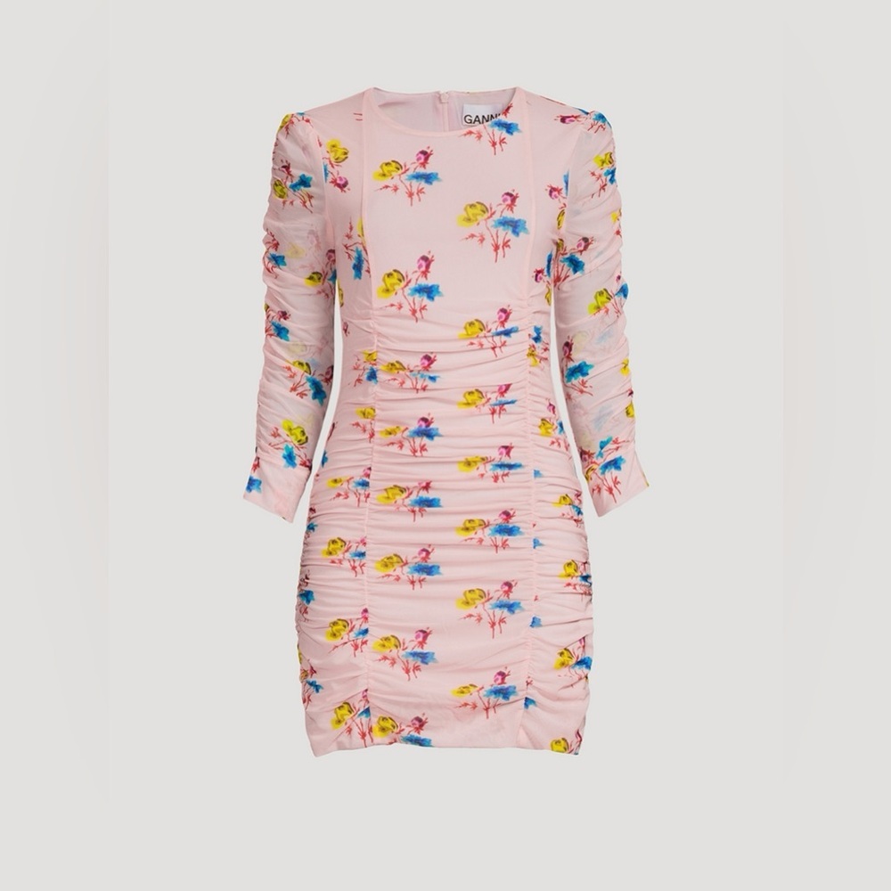 NEW GANNI X holt renfrew 
Ruched Mesh Mini Dress In Floral Print 32